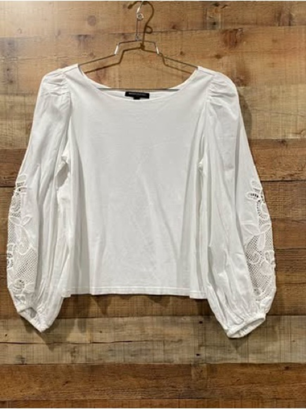Banana Republic White Boatneck Top with Lace-Panel Bishop Sleeves